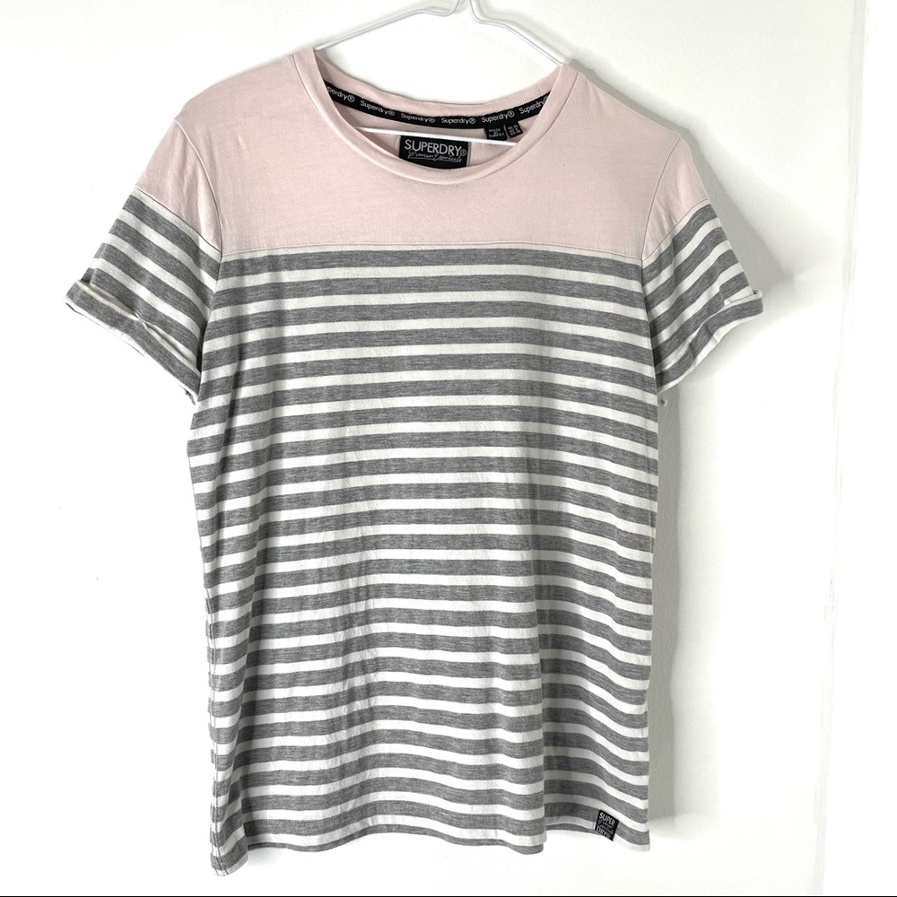 SuperDry Pink Grey White Striped T-Shirt